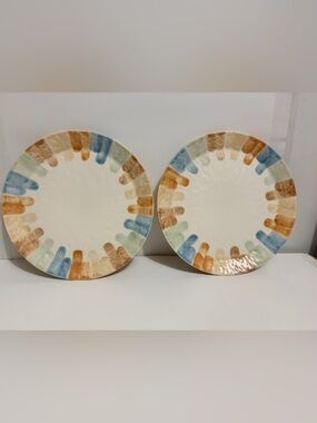 Ashland Ceramic Dinner Plates with Blue, Green & Tan Brushstroke Rim - Set of 2